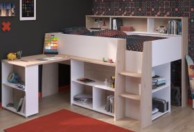 Parisot Hochbett Lucas in wei� und Eiche Kinder- und Jugendzimmer Bett mit Schreibtisch